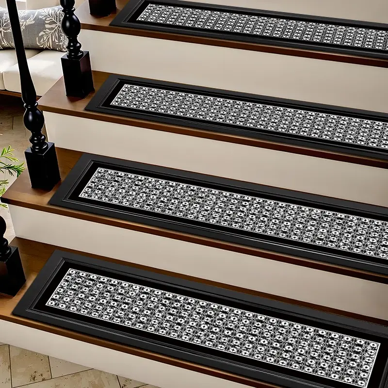6/8/15pcs Vintage Black Border Tiny White Floral Diatom Mud Stair Treads, Super Absorbent Non Slip Carpet Mats for Wood Steps, Quick Drying Moisture Wicking Stair Runners, Anti Slip Washable Rugs for Dogs Kids Elderly