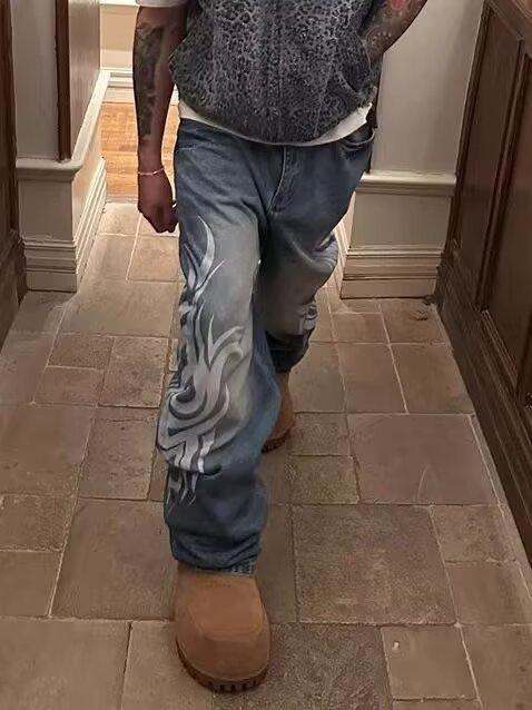 Men's Blade Totem Print Jeans, American Vintage Washed Distressed Denim, Loose Straight Wide-Leg Pants, Floor-Length Trousers