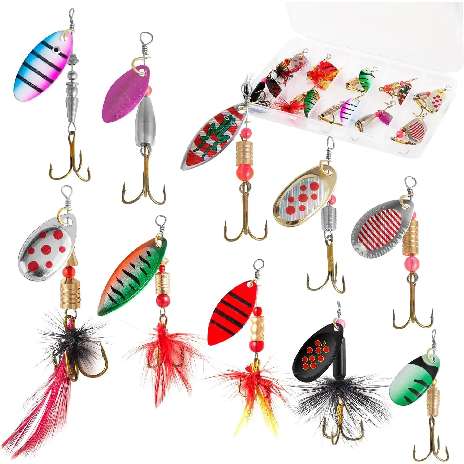 10 count Inline Spinner Fishing Lures with Tackle Box | 10 count Metal Inline Spinners, Flash Spoon for Freshwater or Saltwater Trout, Bass, Walleye, Salmon and Pike, Swim or Jig