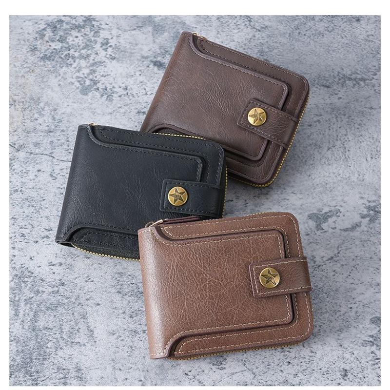 2026 New Retro Men's Short Wallet | Horizontal Zip Multi-functional Card Holder | Buckle Coin Purse