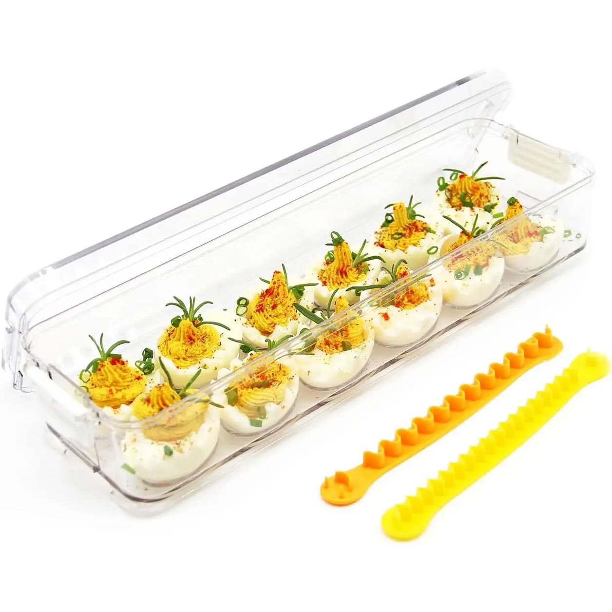 Clear Deviled Egg Tray Carrier with Lid 12 Grids Eggs Holder Case Refrigerator Egg Container Deviled Egg Platter Stackable Egg Tray Camping Picnic Travel Portable Egg Storage Container,Clear-12