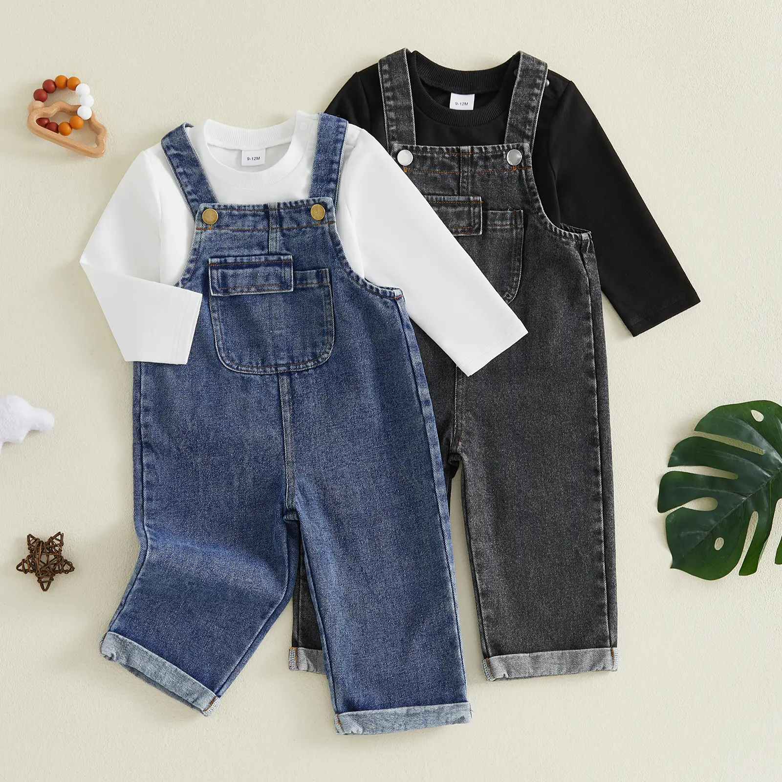 Toddler Baby Little Girl Boy 2Pcs Outfit Long Sleeve Tee Vintage Denim Overalls Pocket Suspender Jumpsuit Kids Clothes Set 9M-3T