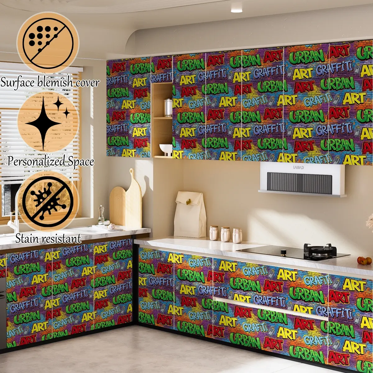 Peel and Stick PVC Wallpaper, Color Doodle Text Graffiti Self Adhesive Wall Paper, Trendy Removable Decor for Bedroom Living Room Office