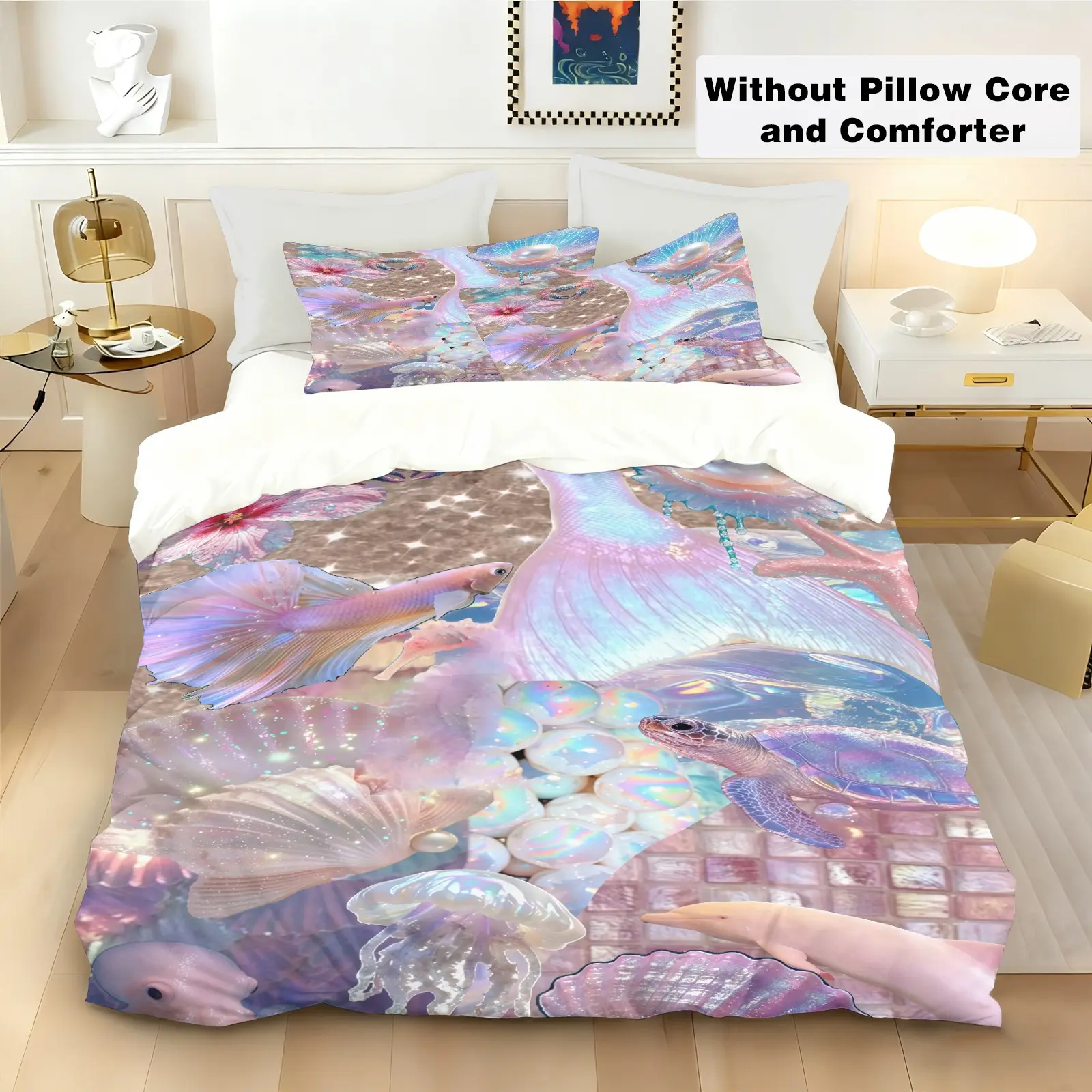 3Pcs Ocean Shell Turtle Pearl Print Duvet Cover Set, Printed Bedding Set, 1 Duvet Cover & 2 Pillowcases, Comforter & Pillow Inserts Not Included, Soft Breathable Skin-Friendly Bedding, Underwater Design, Bedroom & Dorm Decor for Teens & Adults