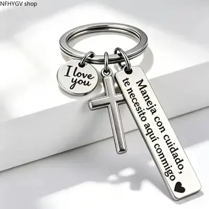 【Summervibes】Spanish Drive Safe Stainless Steel Keychain With Cross And I Love You Charms, Sweet Religious Romantic Pendant Portable Daily Carry Accessory, Heartfelt Meaningful Gift For Family Lovers And All Special Occasions