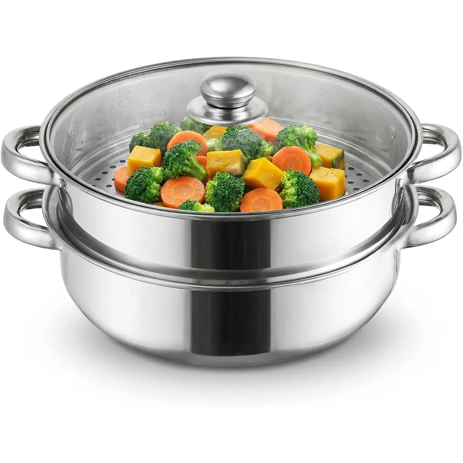 2 Tier, Steamer Pot With Lid, Multipurpose Stainless Steel Steaming Pot, Steam Pots With Handle For Vegetable, Dumpling, Food