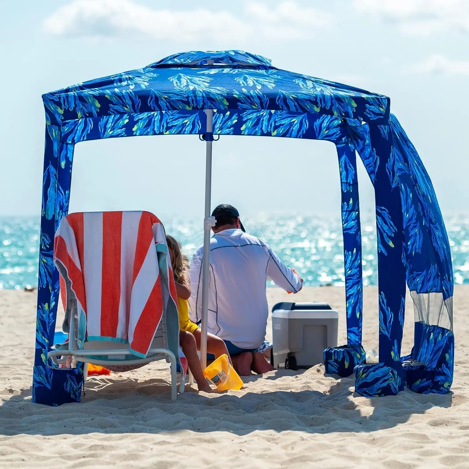 Beach Cabana, 6.5'*6.5' Beach Canopy, Easy Set up and Take Down, Cabana Tent with Sand Pockets, Instant Sun Shade with Side Wall, Coral Tropical