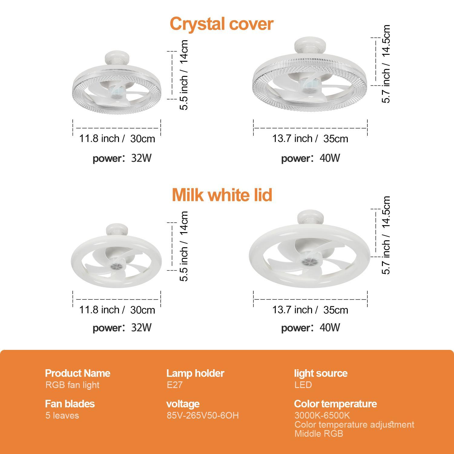 E27 Socket Fan Light with Remote Control, RGB Light Socket Fan Light, Unlimited Dimming, Lighting Modes Adjustable, Three-speed Wind Speed, Timeable Ceiling Fan Light for Small Rooms, Dimmable Ceiling Lights