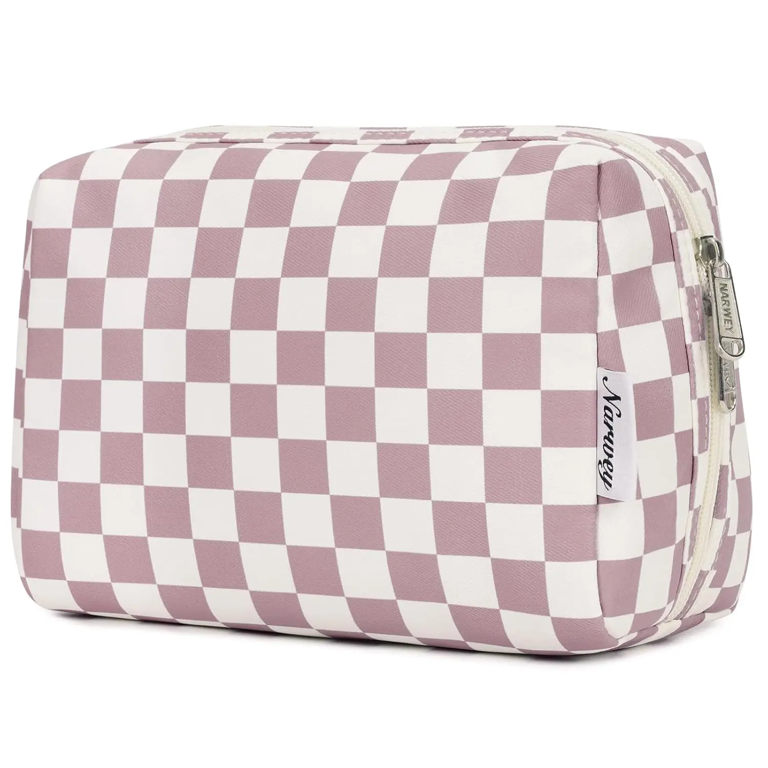 Narwey Checkered Makeup Bag Pink Travel Cosmetic Bag Organizer Toiletry Bag Make Up Bags with Compartments for Women Girls (Large, Dusty Rose Checkerboard)