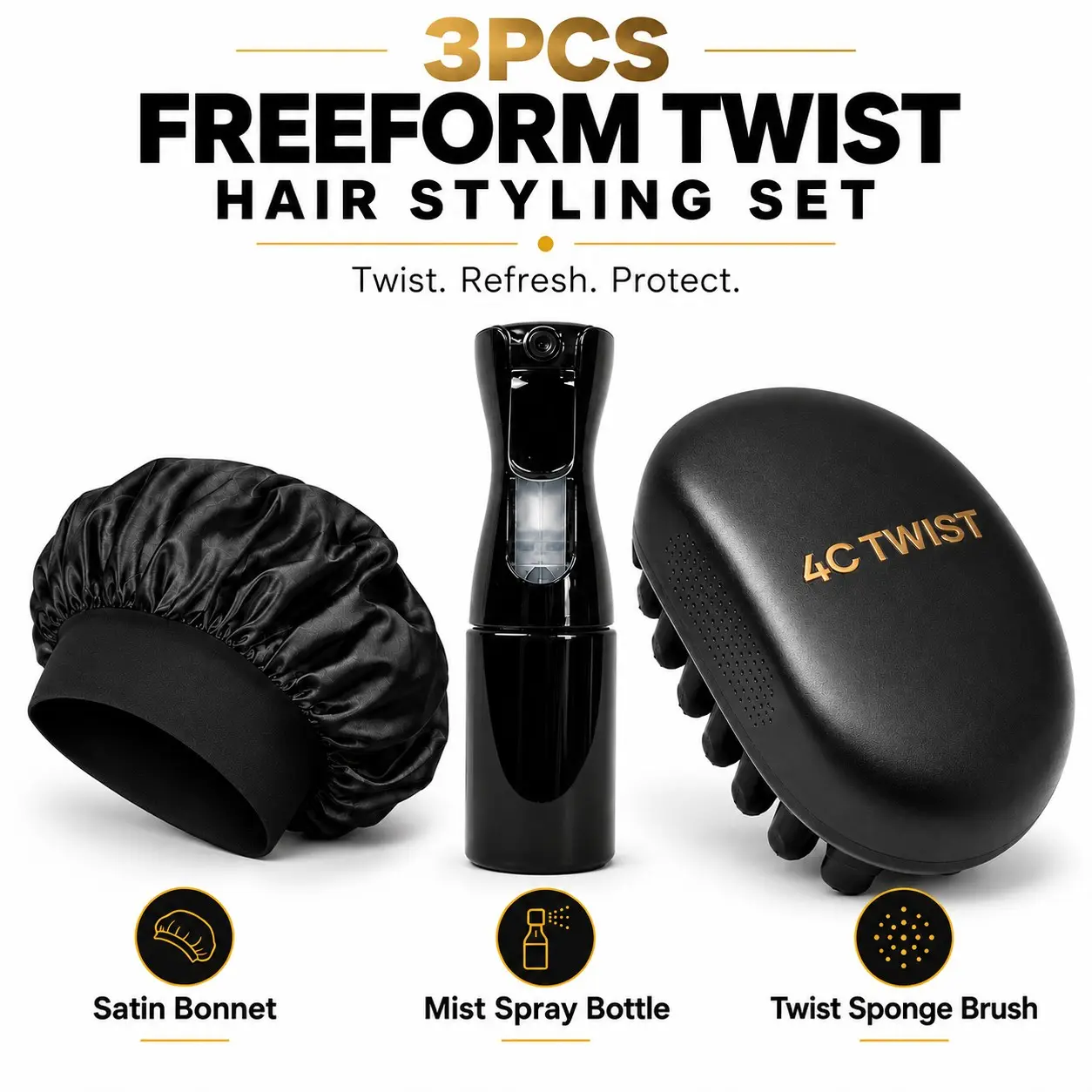 1/2/3-Piece Styling Set (Unisex): Includes 4C twist sponge brush, continuous spray bottle, and silk hair bonnet; suitable for curls, coils, braids, twists, and daily styling Styling Tool Set