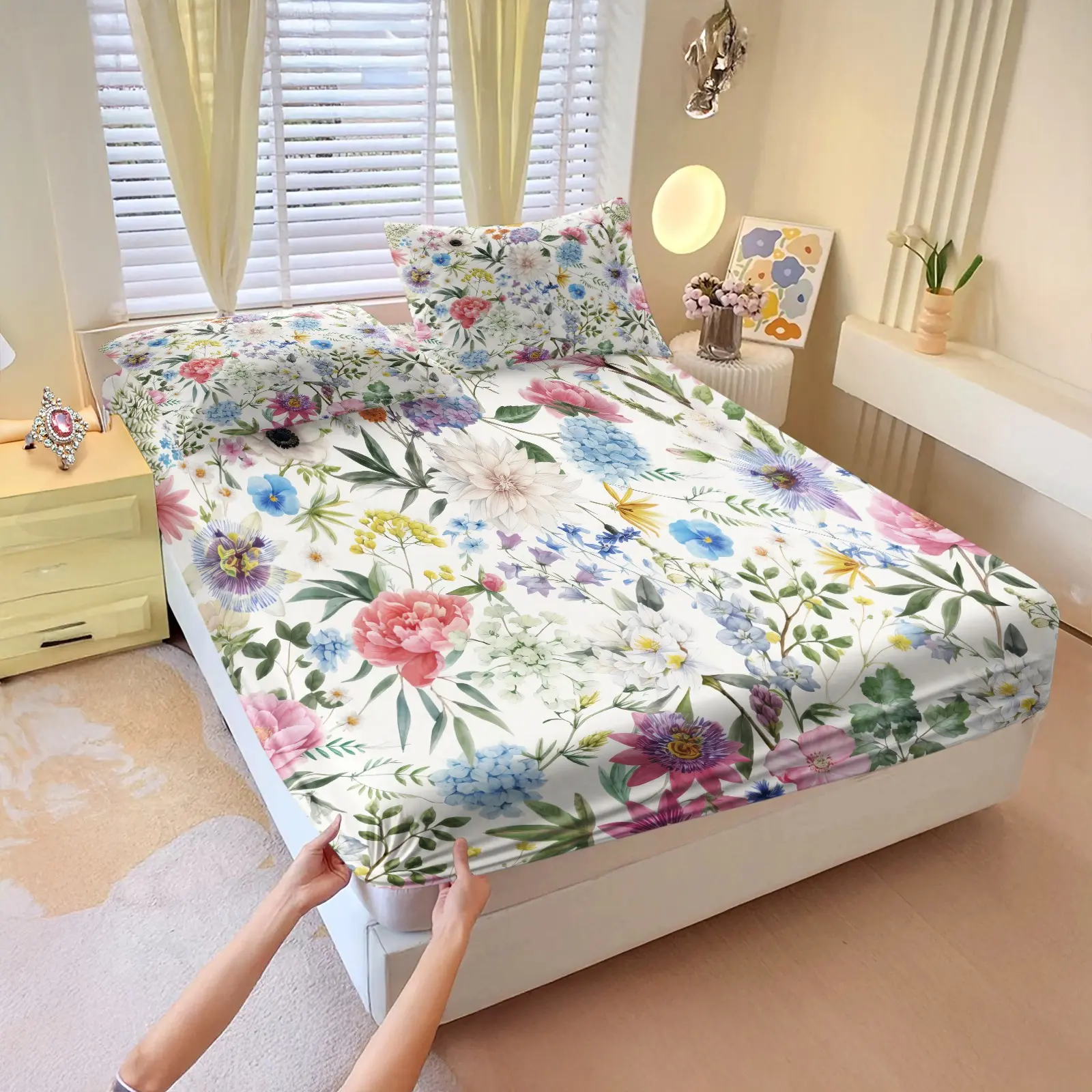 3Pcs Watercolor Floral Fitted Sheet Set, various pastoral hand-drawn patterns, non-slip breathable fade-resistant, for renters & family use