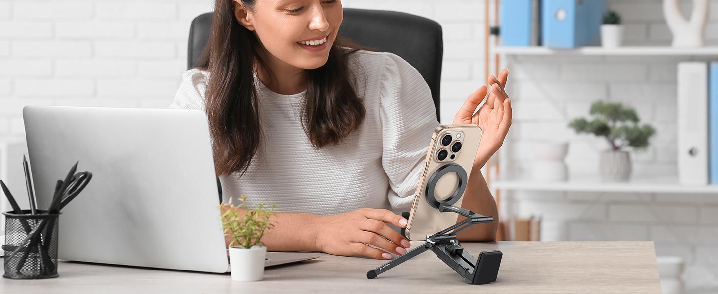 360°Rotating for MagSafe Tripod, Adjustable Aluminum Magnetic Phone Tripod for iPhone 17/16/15/14 Pro Max Air, Foldable Cell Phone Stand Fits Vlog, Gym, Travel Essentials Accessories