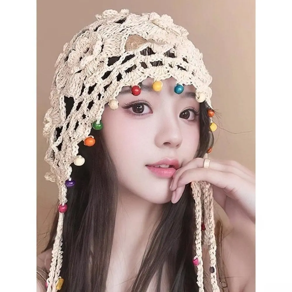 2026 New Women Handmade Crochet Hollow Knit Beanie, Bohemian Ethnic Hat Decorated with Colorful Beads, Flowers & Tassels, Stylish All-Match Daily Headwear Accessory, Boho Chic Outfits, Floral Bead, Female, Crochet Yarn, Elegant, Hollow Knit Crochet
