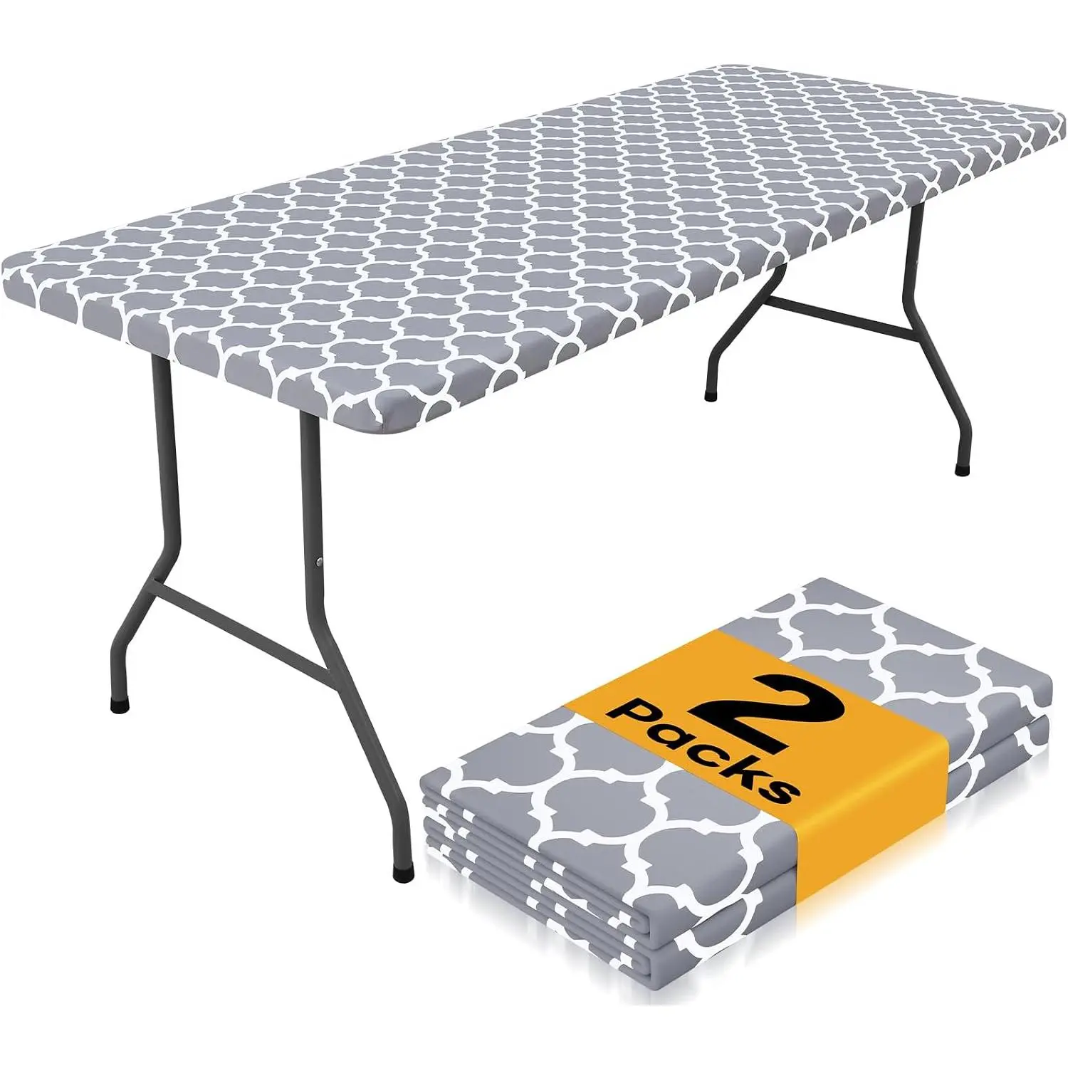 2 Pack Rectangle Table Cloth 6 Foot, Waterproof Elastic Fitted Tablecloths, Windproof Washable Polyester Table Cover for Picnic, Camping, Outdoor (Grey, 30"x72")