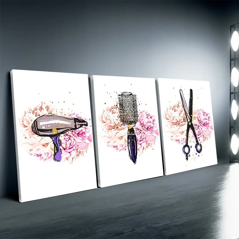 Framed, 3-piece hairdressing tool art decoration canvas set: hair dryer/comb/scissors theme, suitable for indoor decoration in all seasons, for home office/living room/bedroom/kitchen/bar/cafe