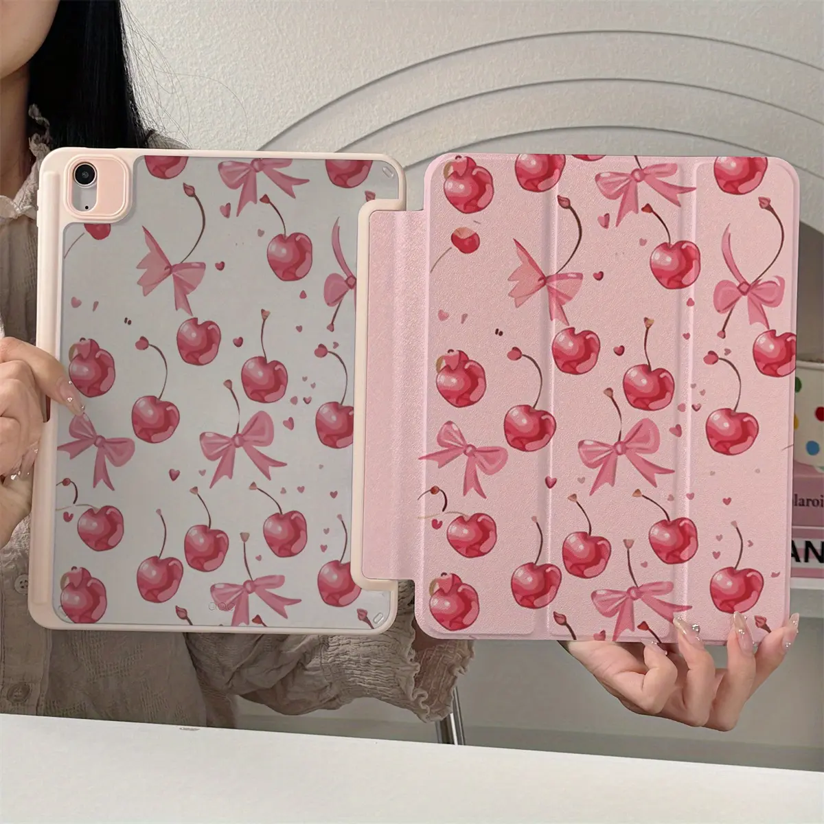 Cute Bowknot Cherry iPad Case, Slim Stand Accessory with Soft Translucent Frosted Back, Magnetic Pencil Holder, Microfiber Lining for Protection, Compatible with iPad A16 2025, iPad Air 6, Samsung Galaxy Tab S9 Tablet Accessories, C