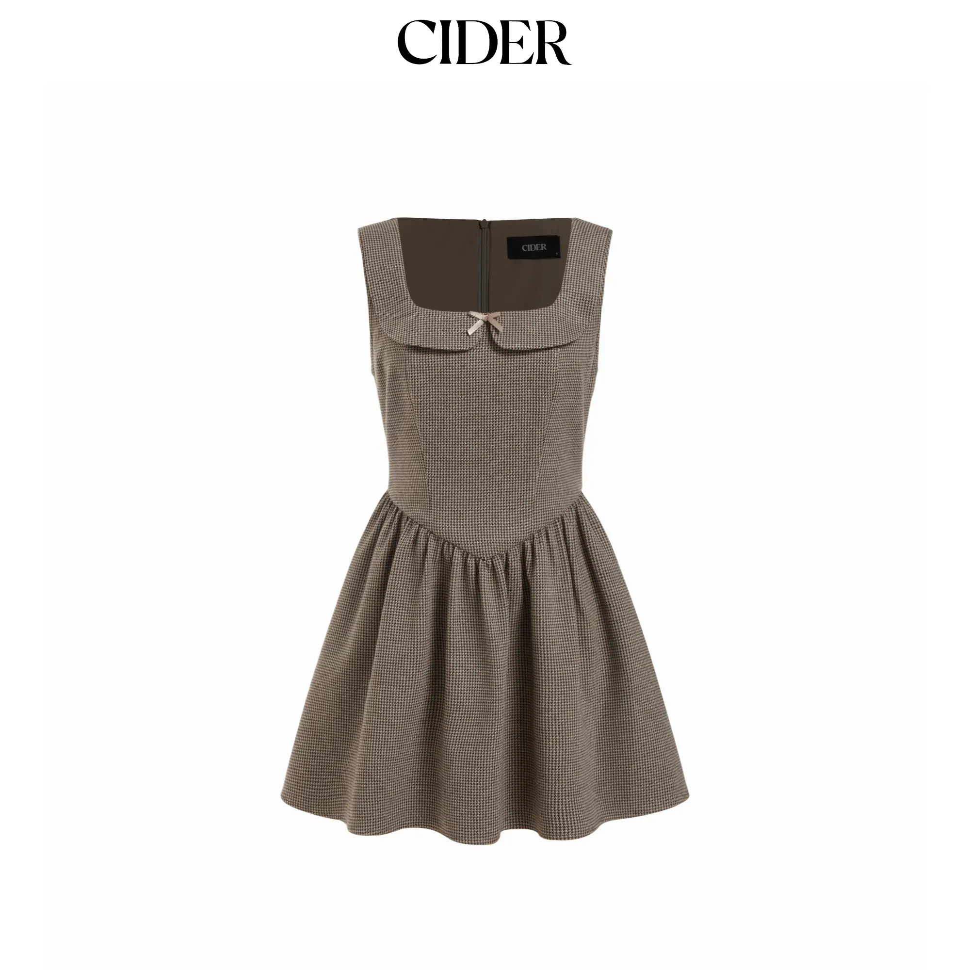 Cider Jacquard Square Neck Houndstooth Bowknot Flared Mini Dress SohoChic