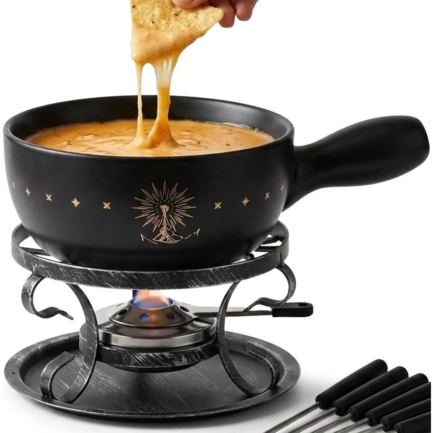 Ceramic Fondue Pot Set for Cheese & Chocolate | 2L Fondue Set for 6 People with Burner, Stand & Forks, Swiss Style Melting Pot for Party, Date Night & Gift