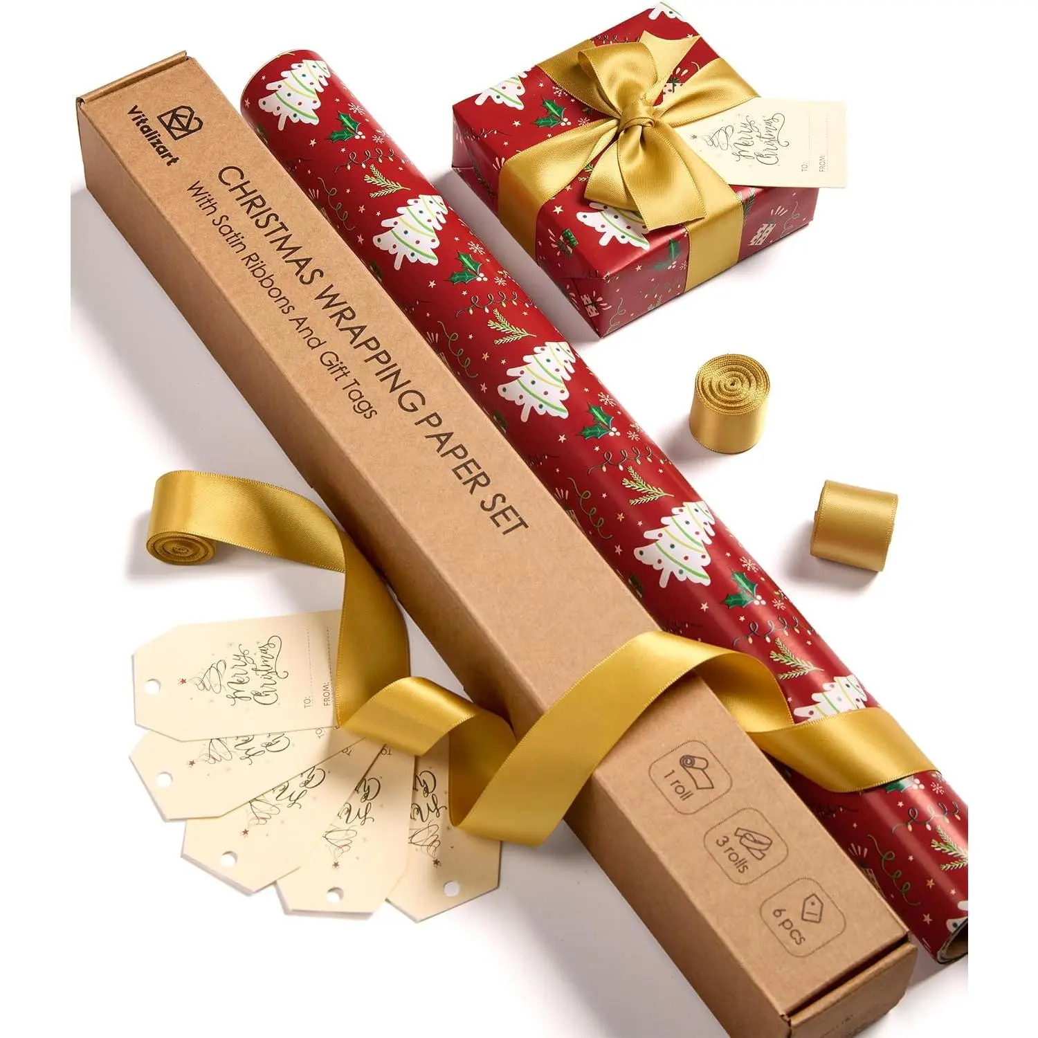 Christmas Wrapping Paper Roll Set 17" With Satin Ribbon &  Tags, Red Reversible Holiday Design With Christmas Tree, Snowflakes, Stripes,