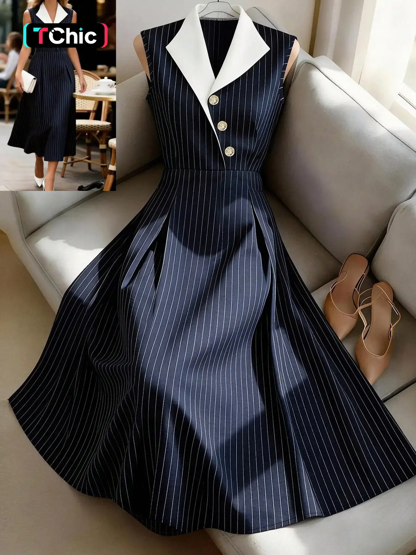 Tartan Lapel Dress, Lapel Neckline French Vintage Striped Sleeveless Midi Dress, Chic Office Wear, Business Casual Dress, Elegant Summer New Arrival, Aesthetic, Ff2617