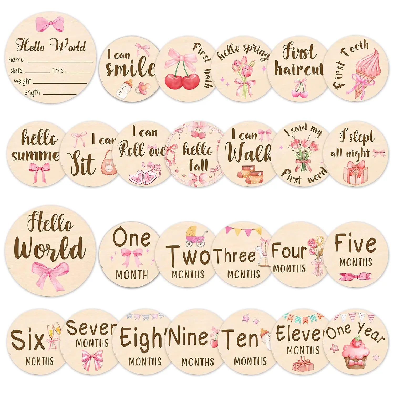 Monthly Milestone Cards Sign Set - 13-Count Double-Sided Announcement Signs with Bowknot, Lightweight Wooden Circles Discs for Photo Props, Birth Announcement Marker for Girls, Decor Artwork Welcome Card