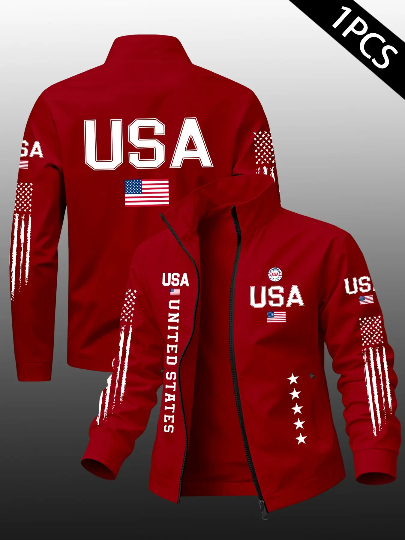 Men's Stand Collar Jacket, Business Casual Windproof Top, Smooth Zipper Usa Letter Print, Daily Commute, Travel, Office Wear