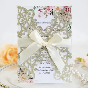 5pcs Hollow Out Deep Blue Wedding Invitation Cards, Romantic European Style, for Weddings, Anniversaries, Bridal Parties, Engagements