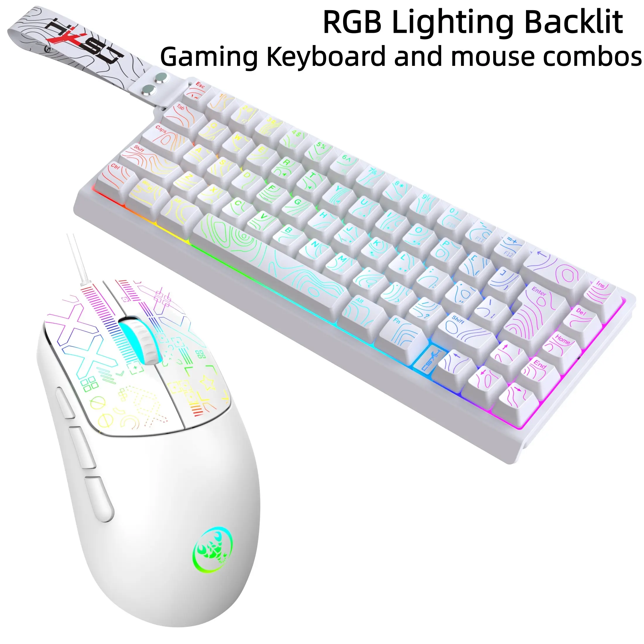 Holiday Gift, Gaming Computer Accessory, 68-Key Mini Silent RGB Backlit Gaming Keyboard & 6-Button Gaming Mouse Combo, Black-White Two-Tone, Type-C Cable, Laser-Engraved Glowing Patterns, Ergonomic Grip, Ultra-Smooth Operation for PC, Laptop, Desktop