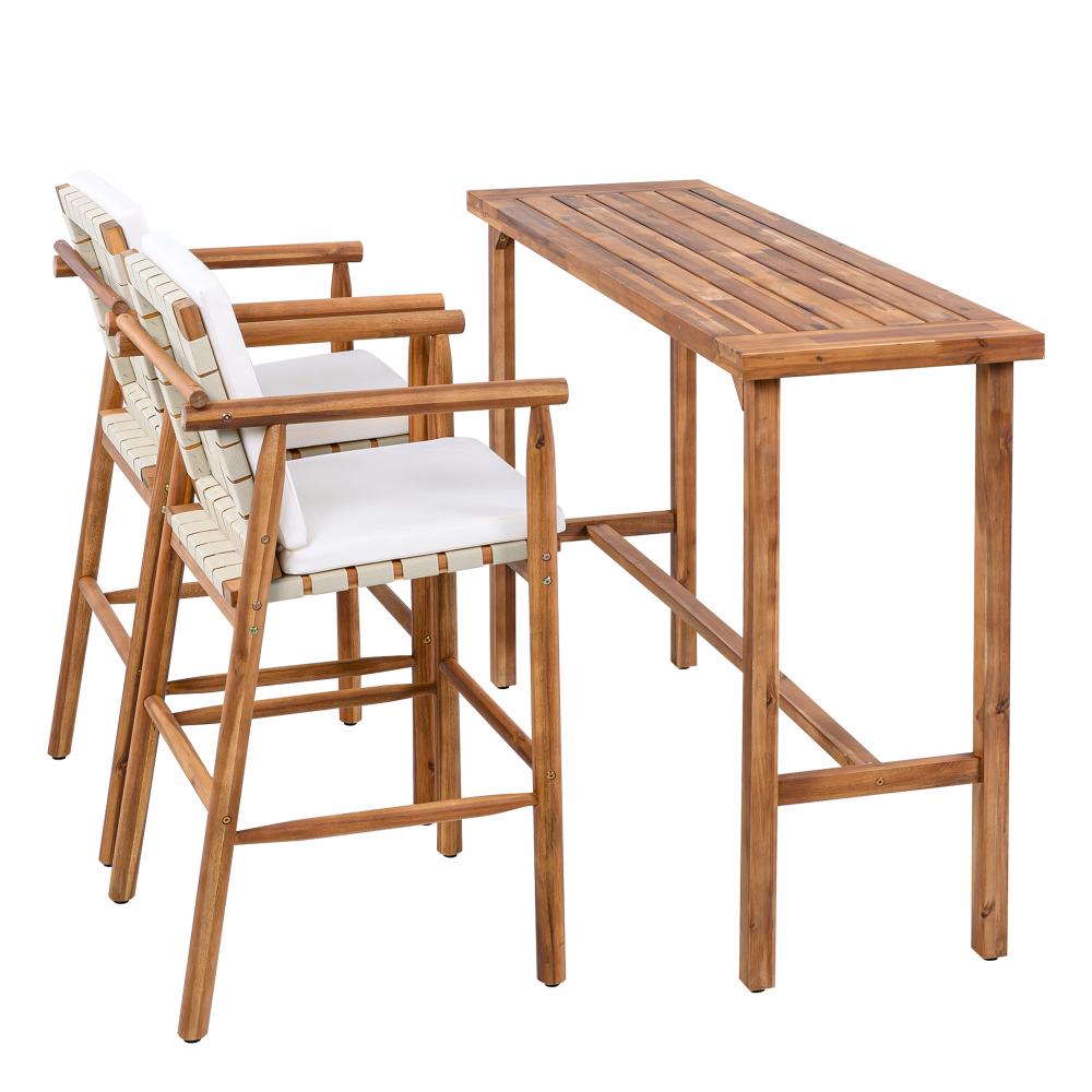 3 Piece Outdoor Bar Set, bistro Patio Acacia Wood Bar Height Table & 2 Stools with Cushions, Wood Dining Bar Set for Backyard, Poolside, Balcony, Beige Cushions