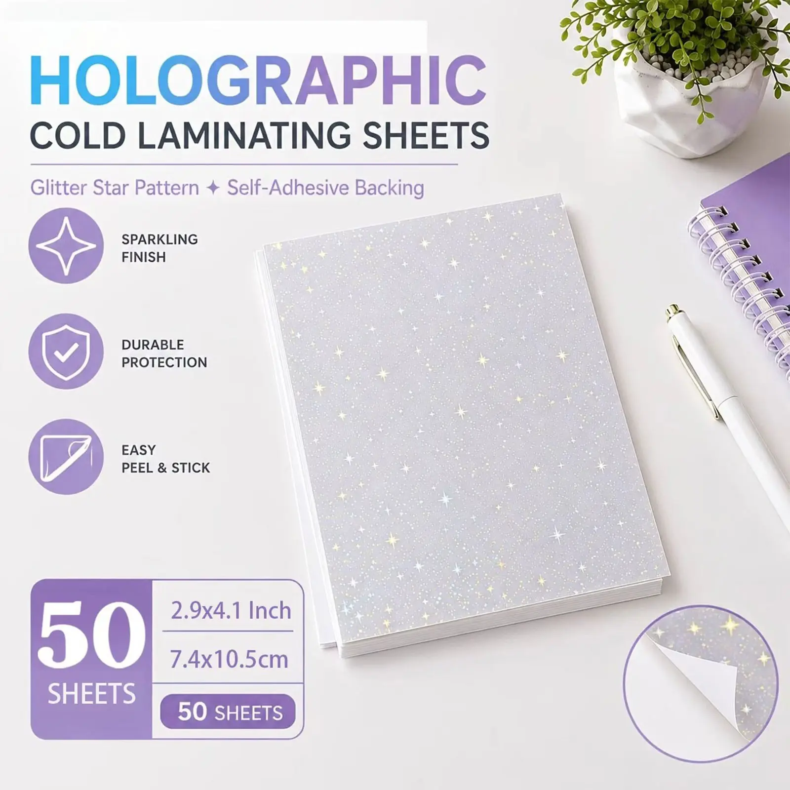 50 Sheets Star Holographic Adhesive Laminating Sheets, 2.9 X 4.1 Inch Self-Adhesive Clear Overlay for Stickers, Photos & DIY Crafts