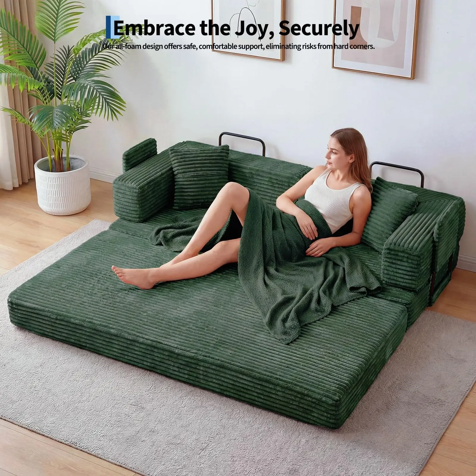 Low Profile 5-in-1 Corduroy Futon Sofa Bed, 80.7'' Folding Couch with Foam, 4 Adjustable Positions, Flat Bed Mode, 2 Pillows, Storage Pocket, Anti-Slip Base, Fully Assembled Space-Saving Indoor Furniture for Apartment, Living Room, Green Finish, Living Ro