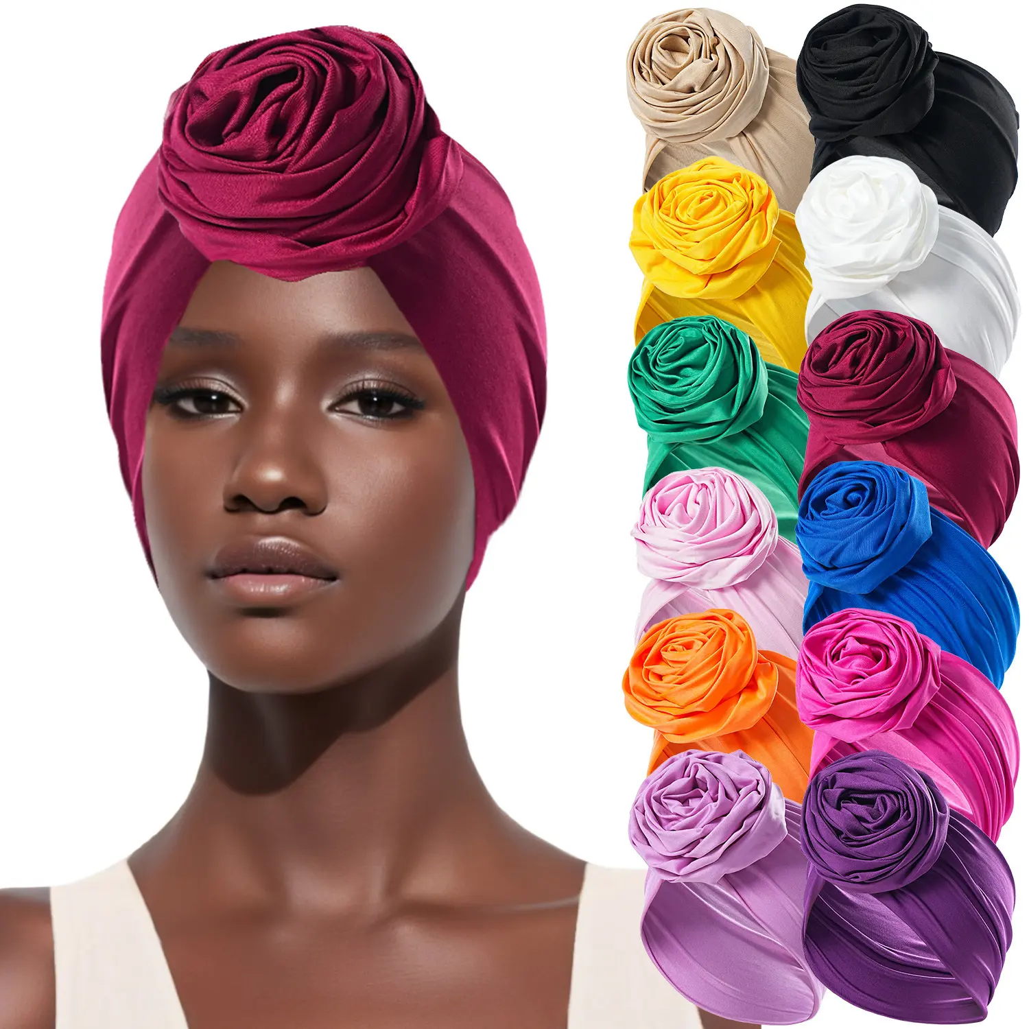 Women's Single-Layer Handmade Rose Turban, Soft Stretch Bright Solid Color Elegant Head Wrap, 1 Size All Seasons Church Wedding Daily Hair Cover, One Size