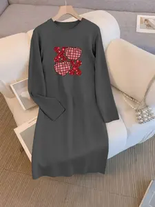 Plus Size Long Sleeve Dress Xoxo Sequin Print, Casual Fashion Trendy Dress, Home & Outdoors Wear, Spring & Fall