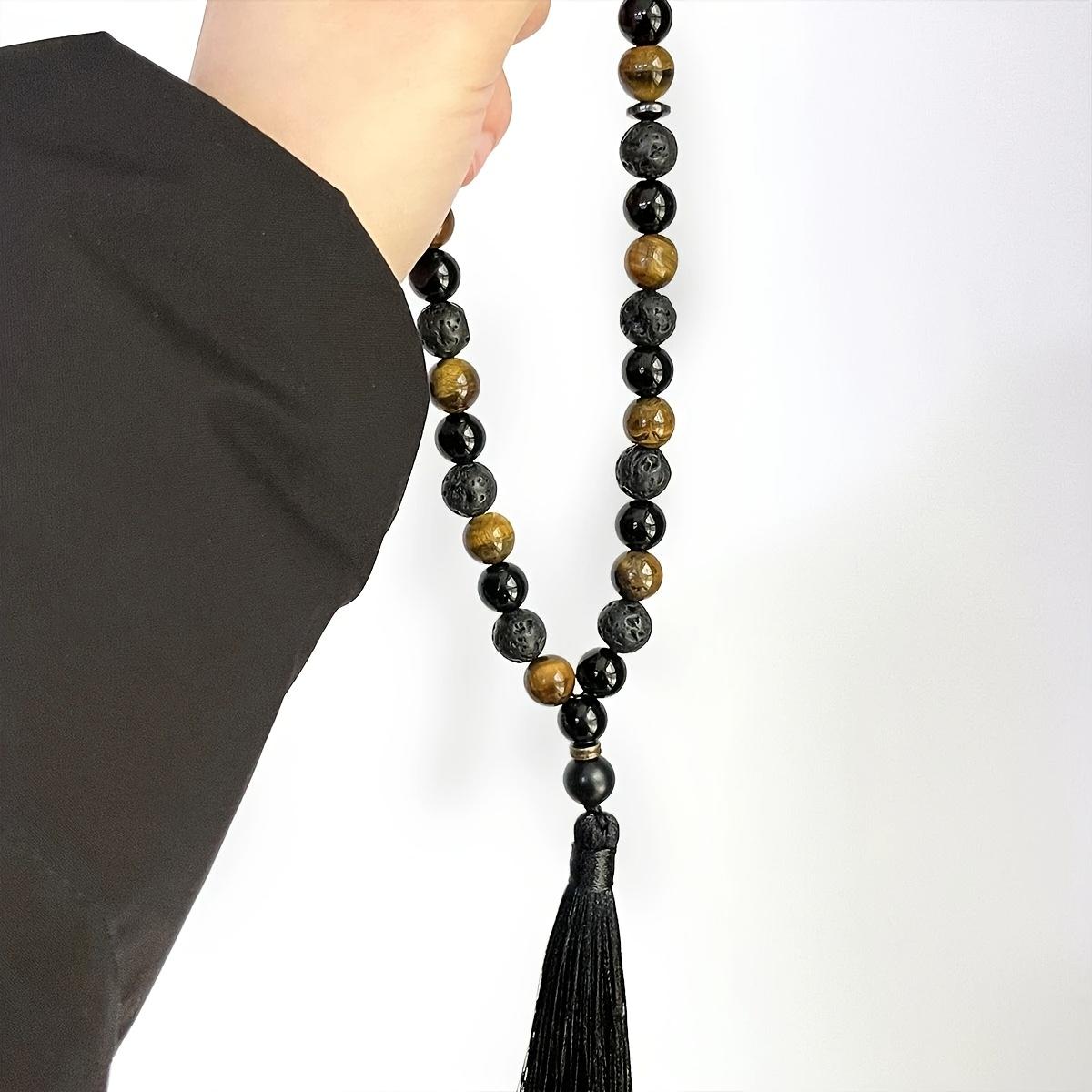 Handcrafted Bracelet Featuring 33 Beads Made of 10Mm Black Agate And Tiger'S Eye, Designed for Islamic Prayer And Pilgrimage. This Natural Stone Misbahah Serves As a Beautiful Accessory for Both Men And Women
