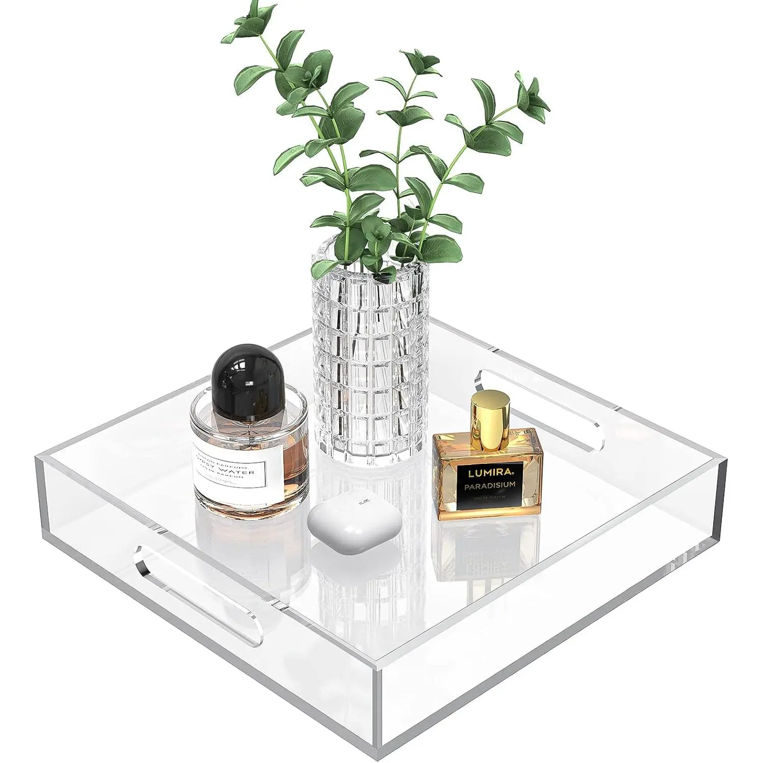 Acrylic Serving Tray with Handles Clear 10in Coffee Table, Vanity| Decorative Elegant Durable Organizer for Eating, Breakfast, Drink, Makeup on Home, Bathroom, Ottoman,Dressing Table