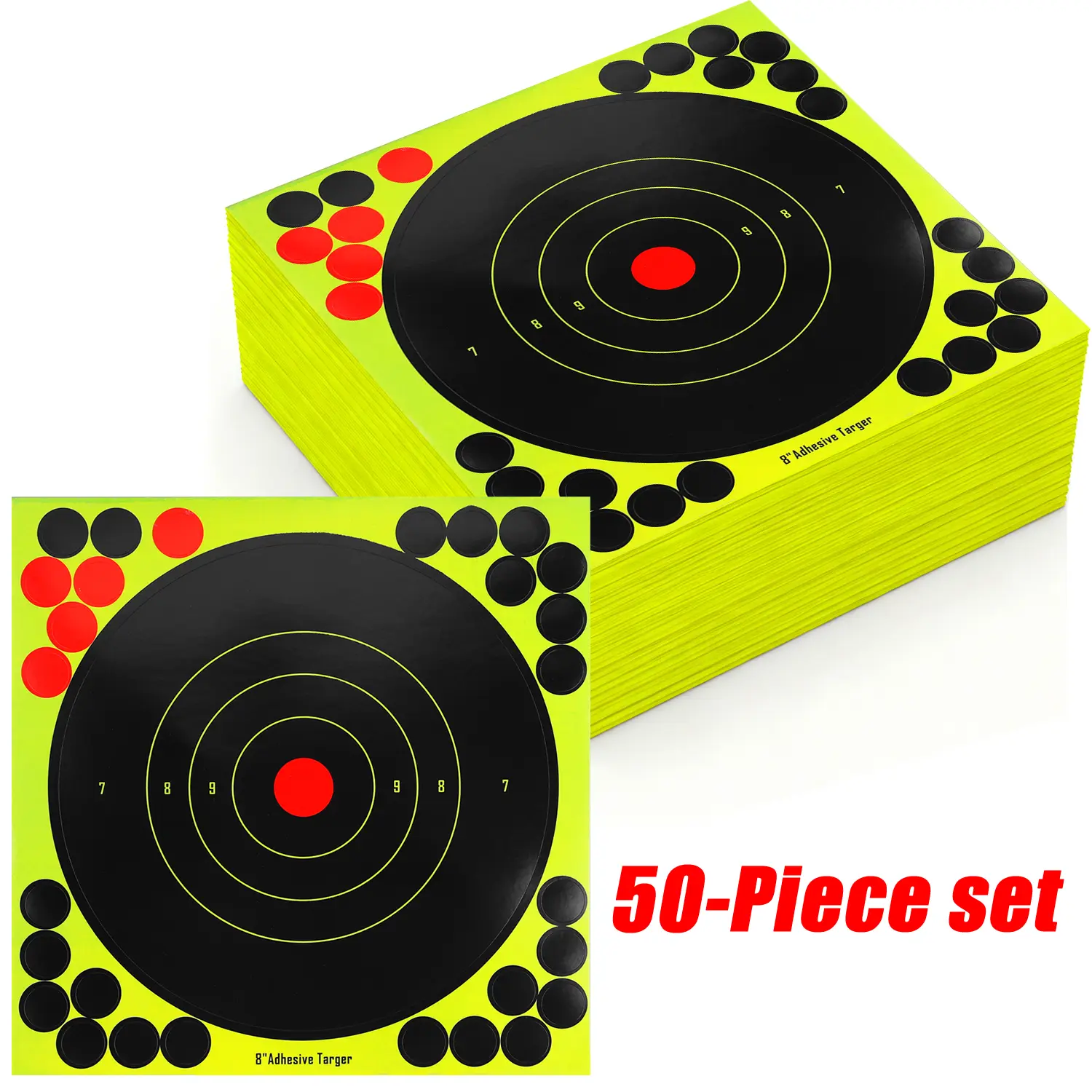 50 Pack 8" Adhesive Splatter Targets for Shooting, Reactive Neon Paper with Cover-up Patches, High Visibility Range Gear