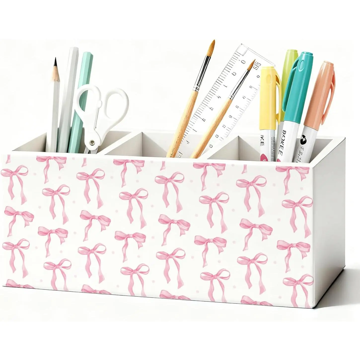 Bow Pen Pencil Holder for Desk, Girly Office Decor, Preppy  Bow Aesthetic Wooden Box Sign Decorations for Girly Room Bedroom Dorm Office Desk Tabletop