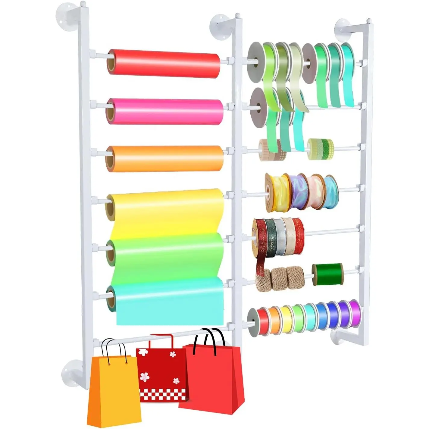 7-Tier Double Row Ribbon Storage Organizer , Wall Mounted Ribbon Organizer | 14 Removable Rods Craft Room Storage Rack.  for Flower Shops, DIY Yarn,  Bags & Wrapping Paper Organization