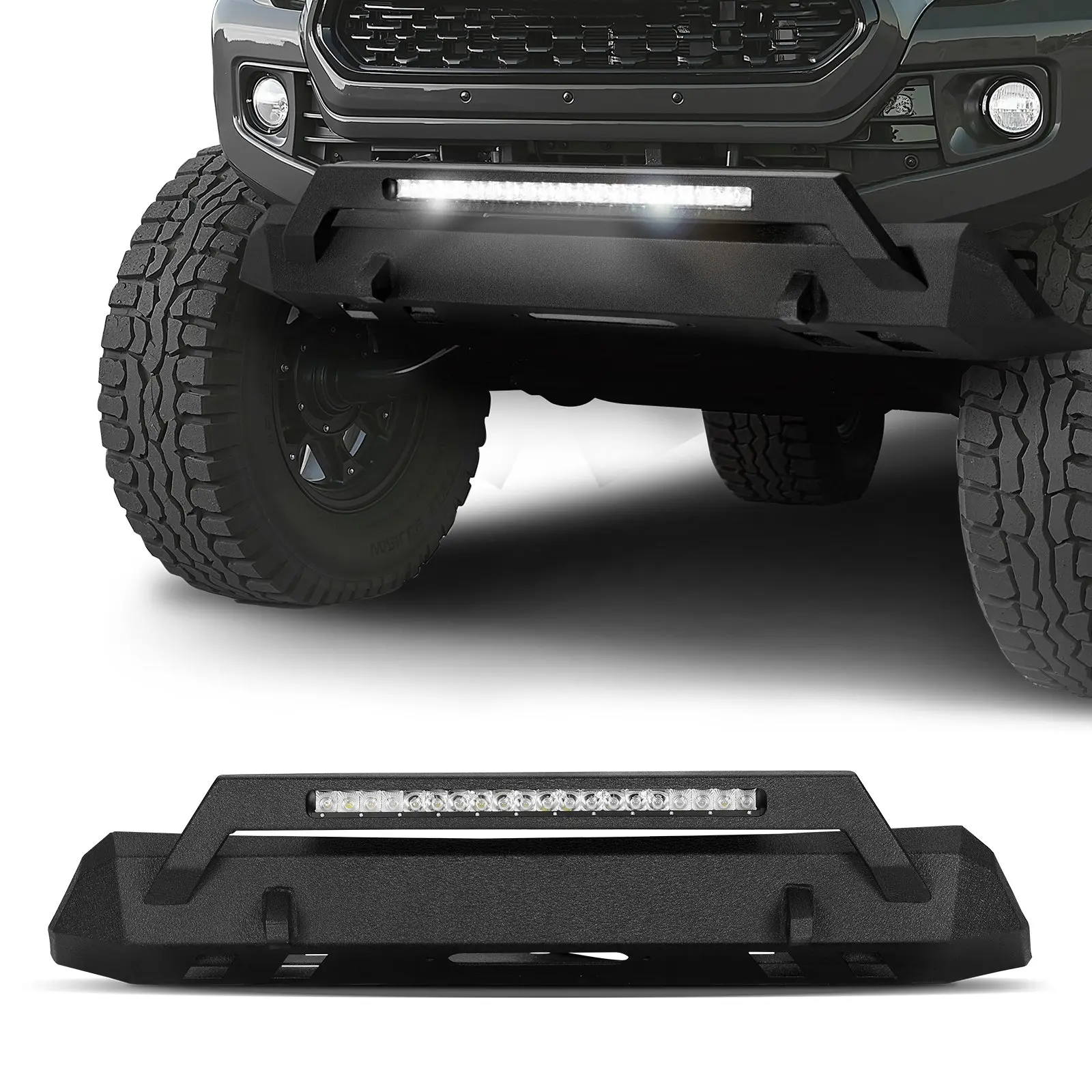 VEVOR Front Bumper Compatible with 2016-2023 Toyota Tacoma (Excluding Tacoma TRD/Tacoma TRD Sport), Pickup Truck Bumper with LED Light Bar, Winch Plate & D-Rings Mounts, Heavy-Duty Steel Front Bumper