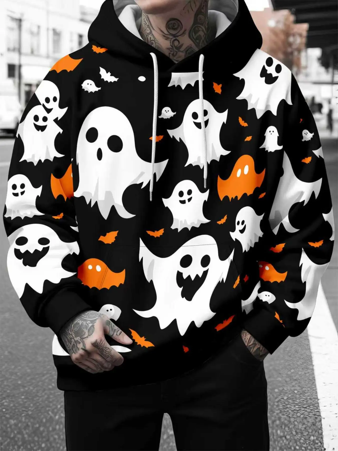 Men's Drawstring Hoodie, Cute Cartoon Ghost Bat All over Print, Soft Fleece Loose Fit, Halloween Fall Street Party Casual Wear