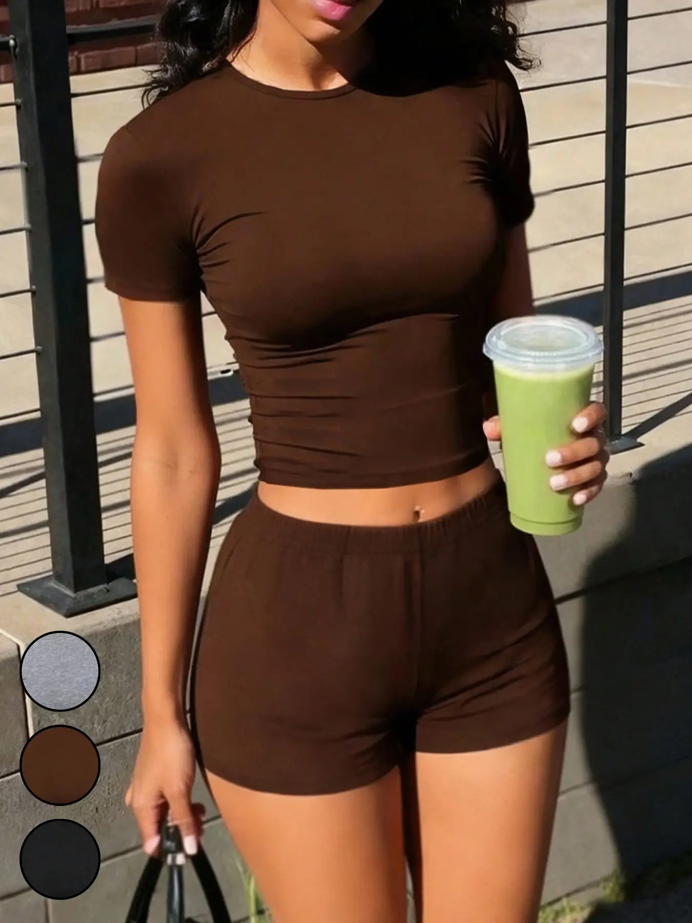 2pcs/Set Women's Casual Minimalist Basic Versatile Solid Color Slim Fit Round Neck Short Sleeve T-Shirt and Shorts Set, Fitted Summer Outfit, Comfortable Everyday Clothes, Perfect for All Seasons