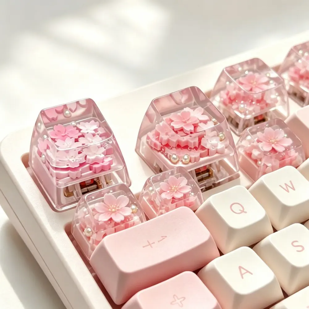Pink Sakura Artisan Keycap, Transparent Resin Decorative Replacement Key Cap, Sweet 3D Floral Inlaid Ornament Keycap for Most Mechanical Keyboard