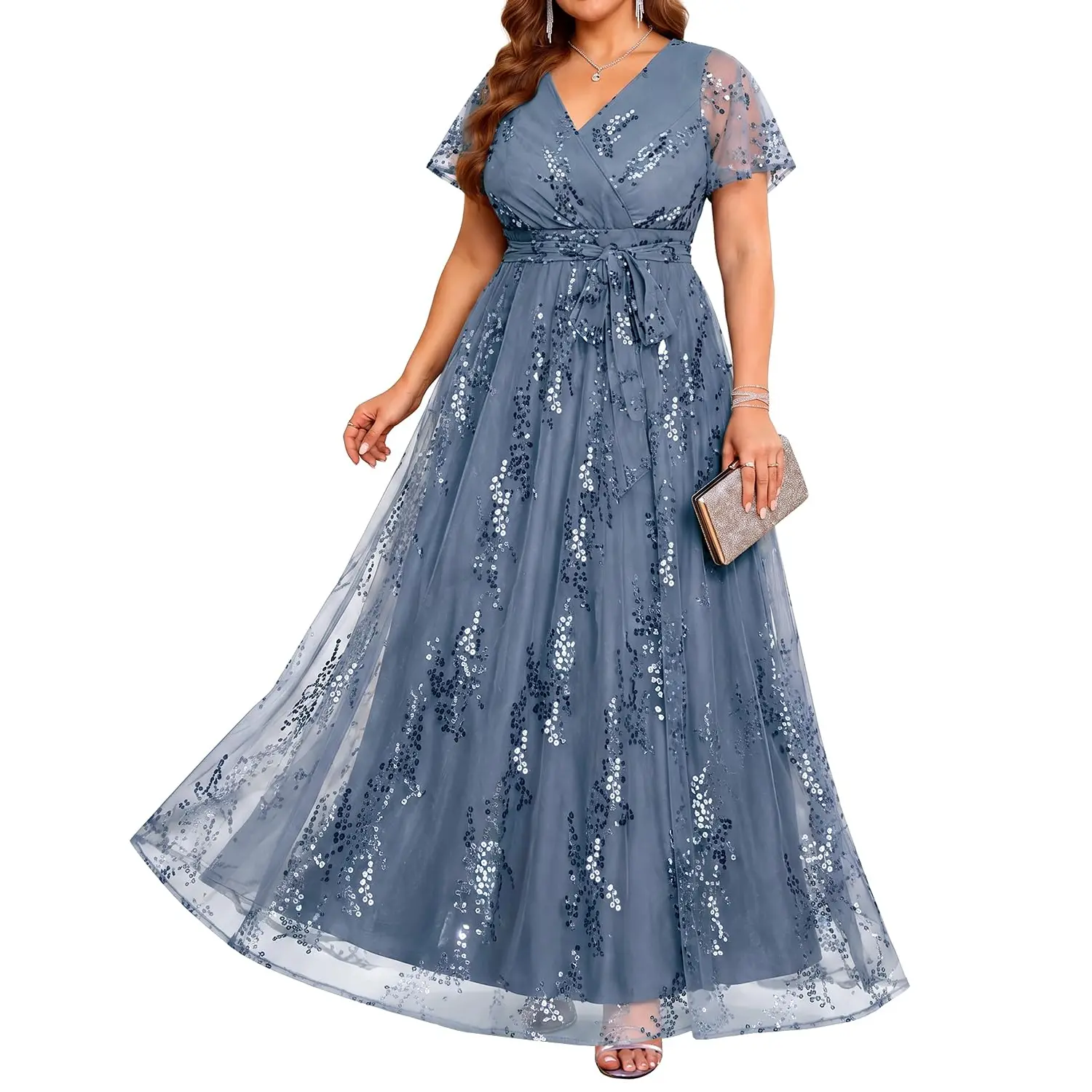 Pinup Fashion Plus Size Formal Dresses - Wedding Guest Evening Gowns Sequin Embroidery V-Neck Maxi Dress