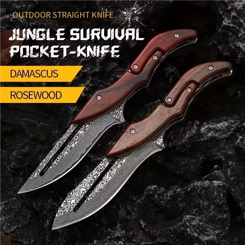 Damascus Steel Folding Knife with Wood Handle - Mechanical Magic Pocket Knife| Kitchen Peeling Tool & Unique Gift