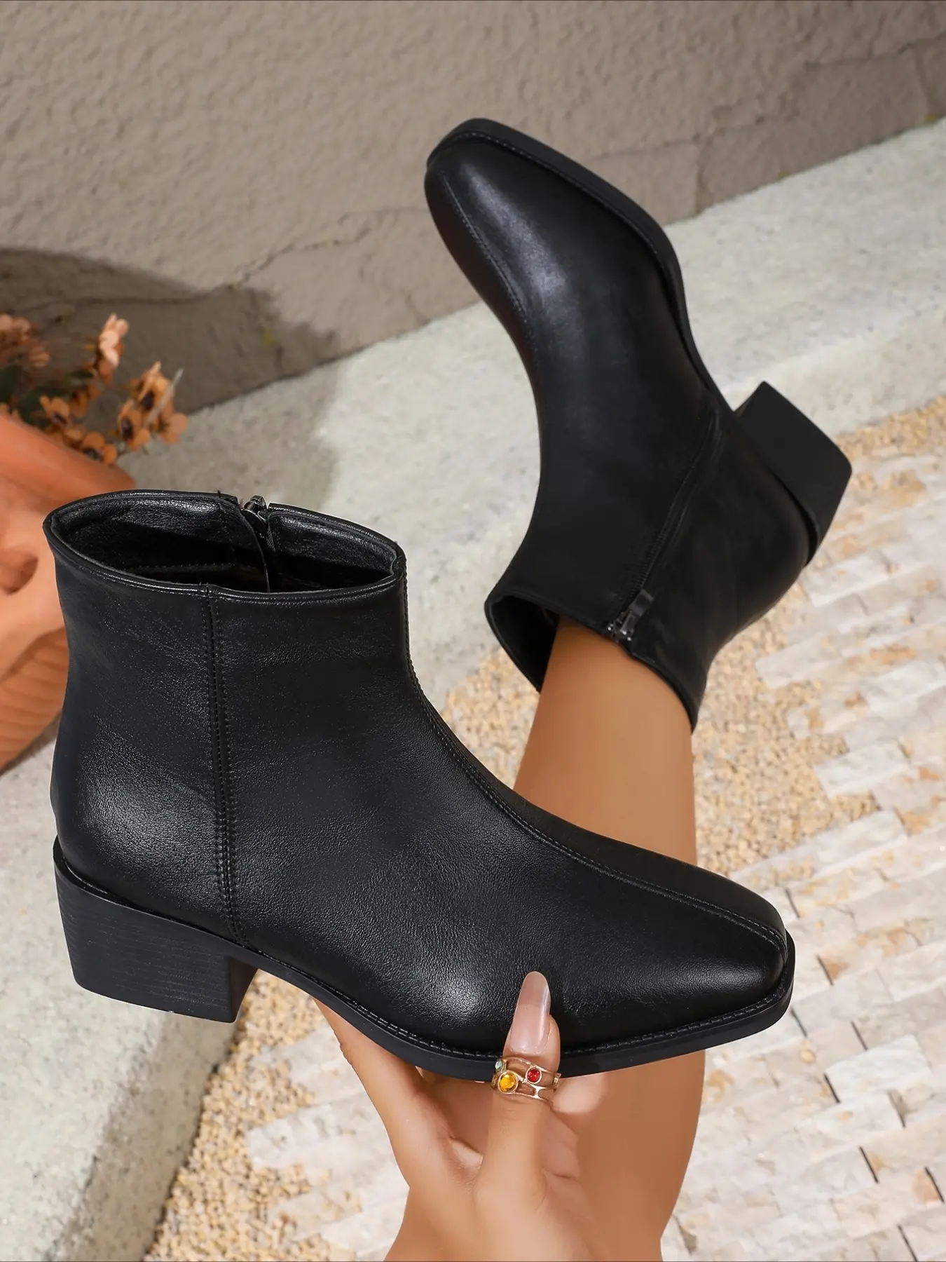 Square‑toe block‑heel ankle boots with side zipper, soft leather upper, easy to wear, leg‑flattering, versatile women slim boots for autumn winter, Heeled ankle boots
