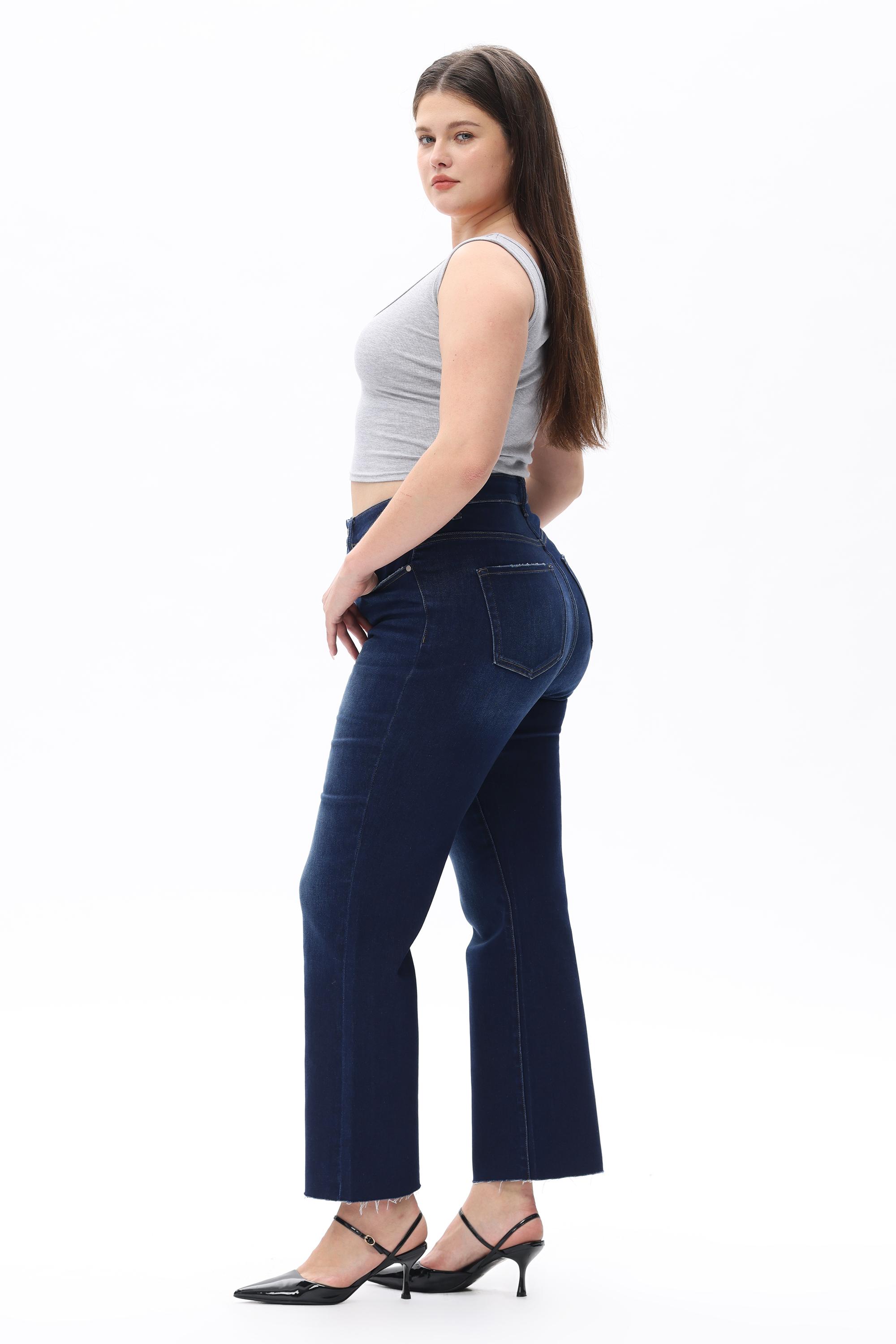 Retro Dark Wash Flare Jeans for Curvy Women, High Waisted Bootcut Cropped Denim |   Must-Have Streetwear