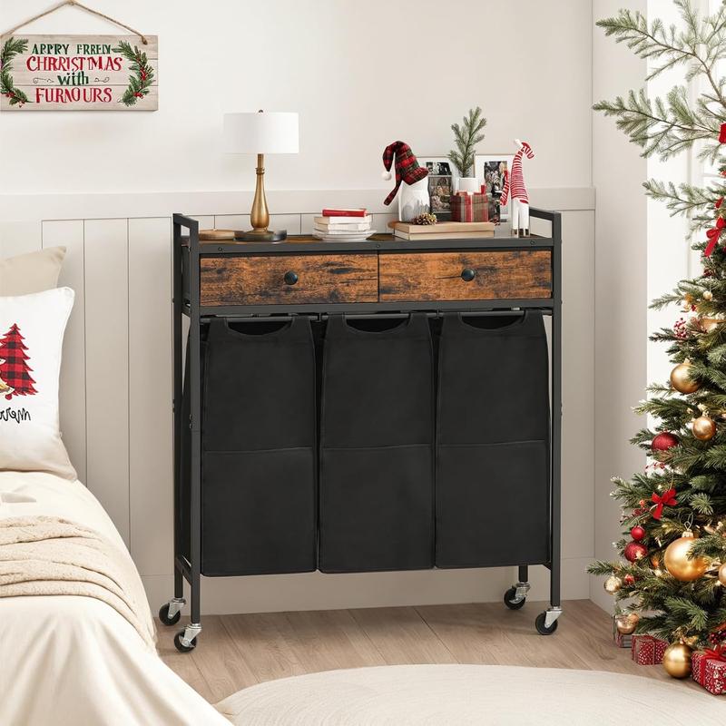 Laundry Sorter 3 Section, 130L Laundry Hamper with 2 Drawers, Rolling Laundry Basket, Pull-Out and Removable Laundry Bags for Laundry Room Organization, Rustic Brown and Black BF78XY01