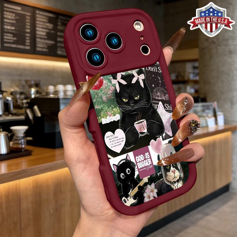 Cute Funny Black Cat Aesthetic Collage Pattern Case for iPhone 17 Pro Max 16 15 14 13 12 11 XR XS Plus Air Slim Shockproof Anti Drop Protective Lightweight TPU Cover