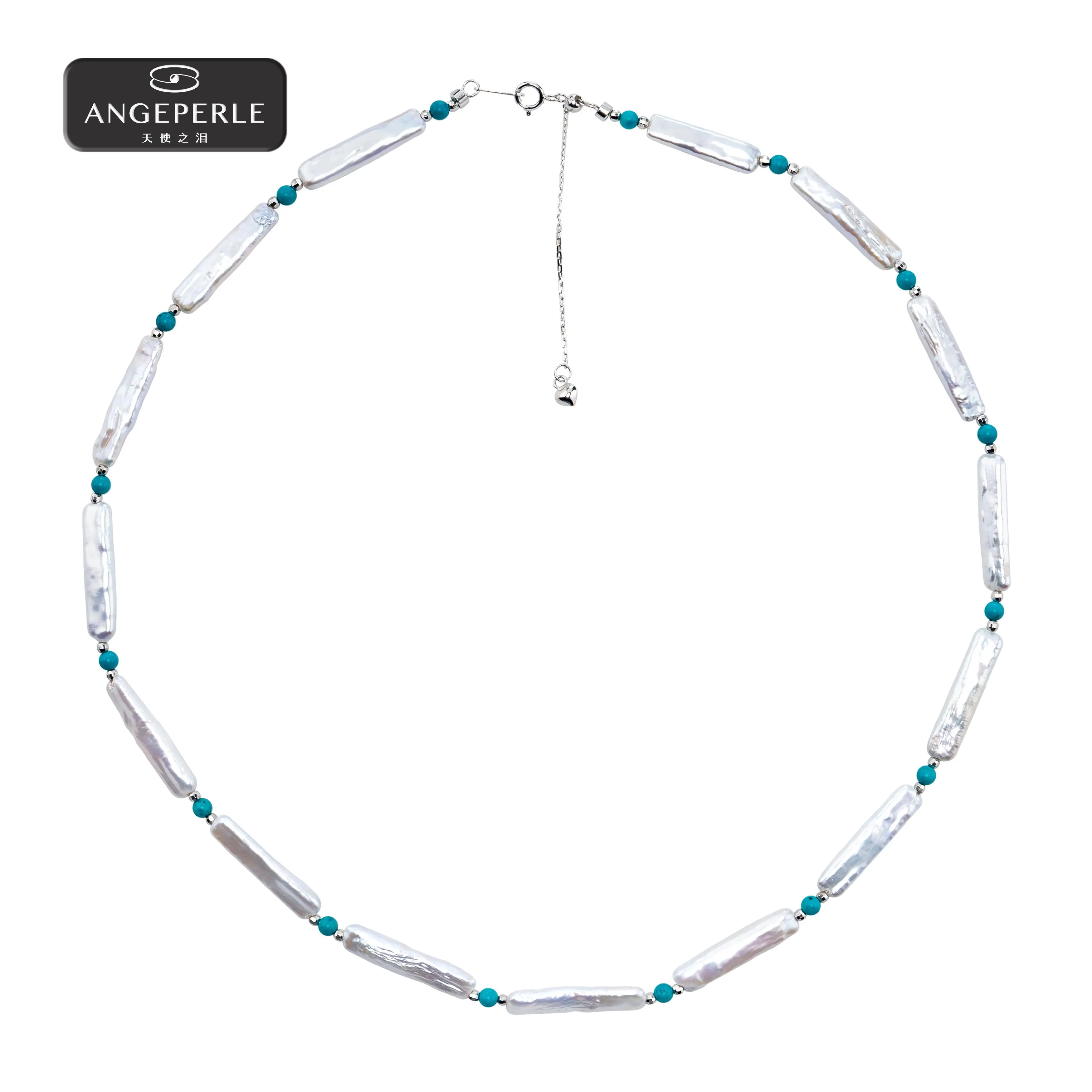 ANGEPERLE S925 Silver Baroque Necklace with Freshwater Pearl and Small Silver Bar 3-6mm TSJ553