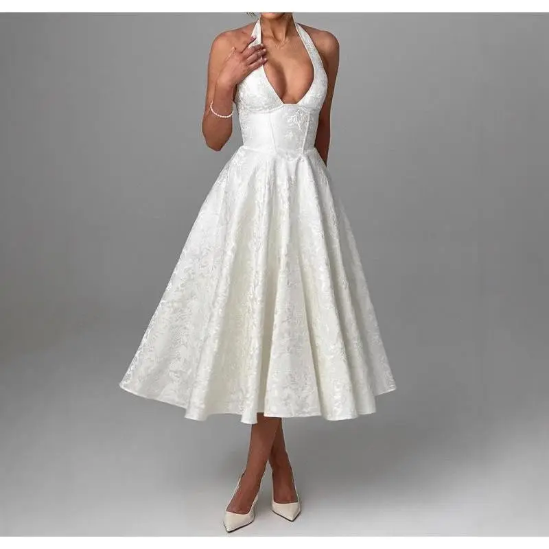 V-neck Halter Jacquard High-end Evening Gown Spring Summer Elegant Sleeveless Backless Waist-cinching Flowery Long Dress